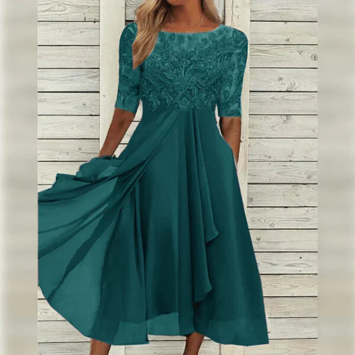 Festliches A-Linien Damenkleid in leuchtendem Königsblau, knielang, perfekt als Hochzeitsgast-Outfit.