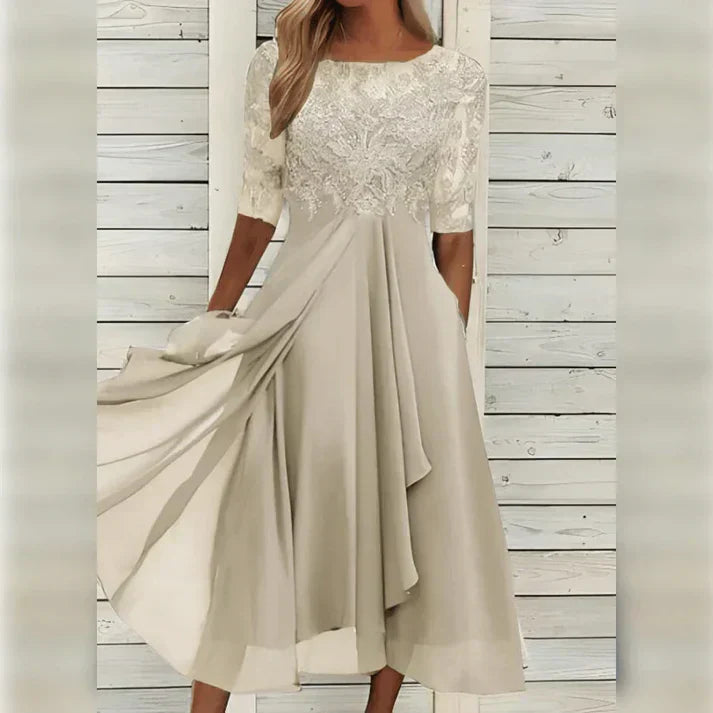 Damen A-Linie Midikleid in Dunkelgrün, elegant fließend, perfekt für Hochzeitsgäste & festliche Anlässe.
