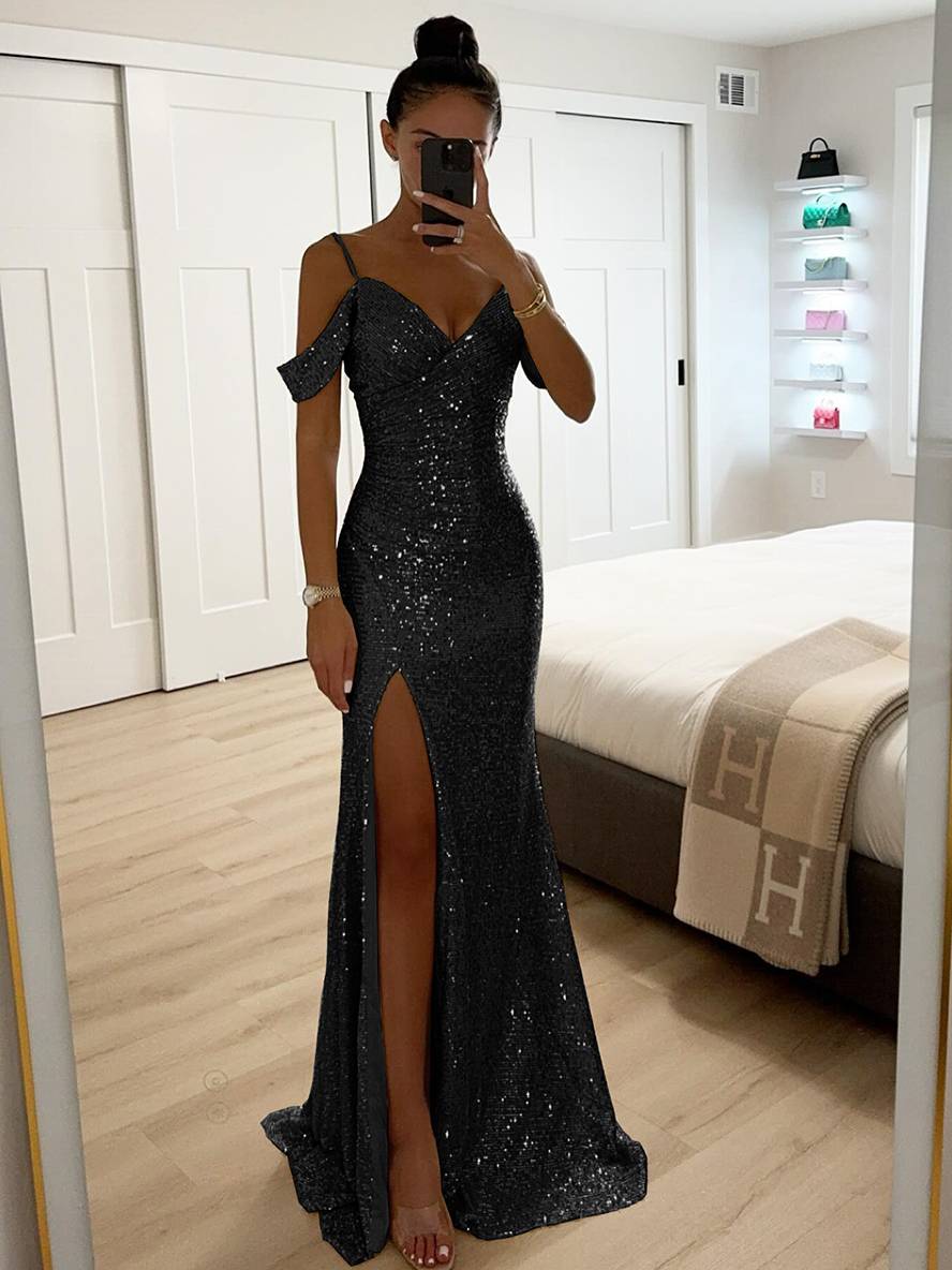 Schimmerndes Damen Maxikleid für Abende, mit elegantem V-Ausschnitt, Pailletten und seitlichem Beinschlitz.