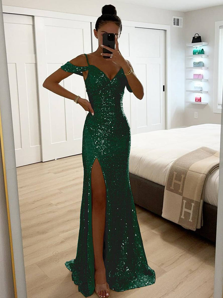 Festliches, elegantes Damen Maxikleid mit V-Ausschnitt, funkelnden Pailletten, ideal für Bälle & Feste.