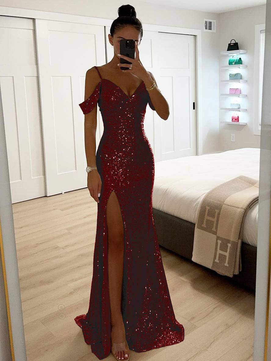 Exquisites Damen Maxikleid, ärmellos, mit V-Ausschnitt, Pailletten und Seitenschlitz – ideal für Frühlingsfeste.