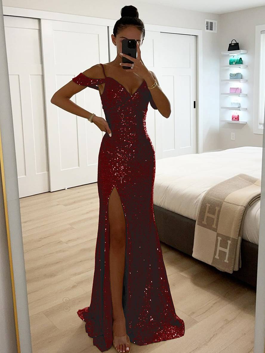 Luftiges Damen Frühlings Maxikleid, ärmellos, mit Pailletten, V-Ausschnitt und seitlichem Schlitz.