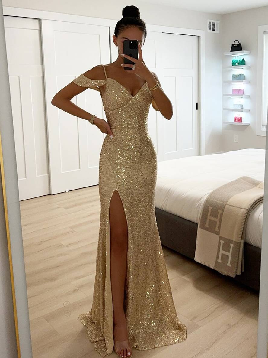 Funkelndes Pailletten Maxikleid für Damen, ärmellos, mit V-Ausschnitt und Schlitz, perfekt für Abende.