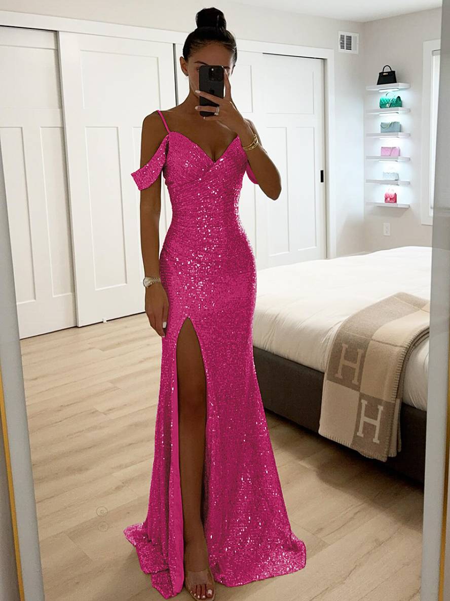 Sophistiziertes Damen Abendkleid mit Pailletten, V-Ausschnitt und seitlichem Schlitz für den glamourösen Auftritt.