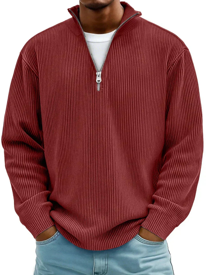 Vielseitiger Herren Rippstrick Pullover mit Halb-Reißverschluss. Langarm, elegant & bequem für den Winter.