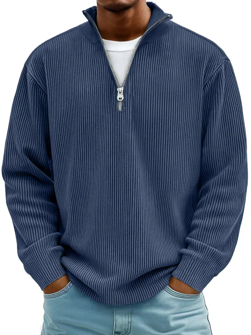 Stilvoller Herren Rippstrick Langarm Pullover mit Halb-Reißverschluss, komfortabel & vielseitig tragbar.