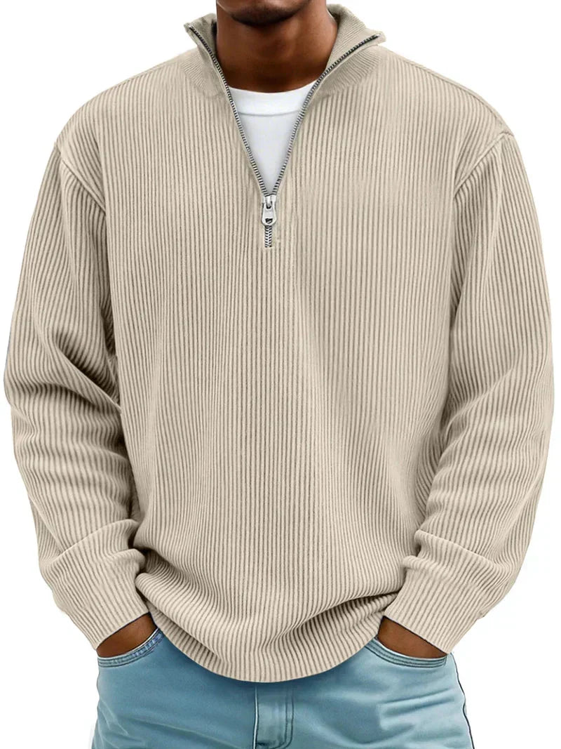 Eleganter Herren Pullover mit Halb-Reißverschluss, Rippstrick, perfekt für Freizeit oder Business Casual.