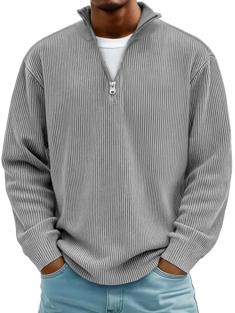 Regular Fit Herren Rippstrick Langarm Pullover mit stilvollem Halb-Reißverschluss für Business Casual.
