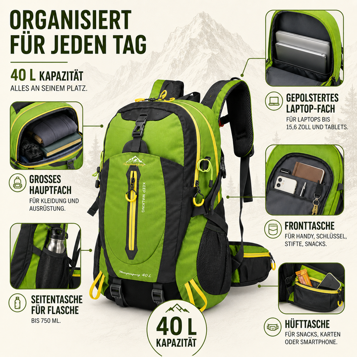 Unisex Trekkingrucksack 40L. Mit vielen Fächern für Organisation unterwegs.