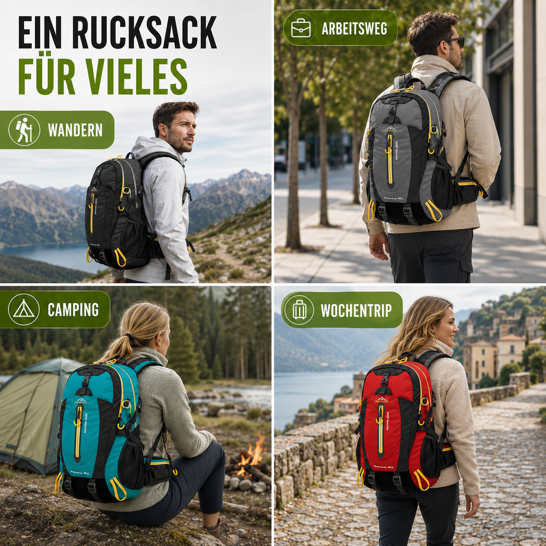 Ergonomischer Wanderrucksack 40L. Atmungsaktives Rückensystem für Komfort.