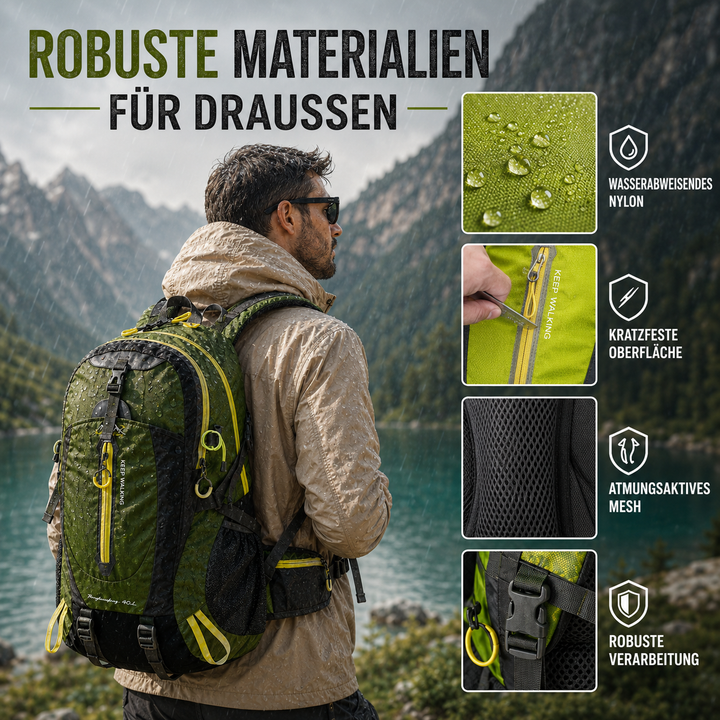Großer Reiserucksack 40L. Wasserdicht und robust, optimal für Wochenendtrips.
