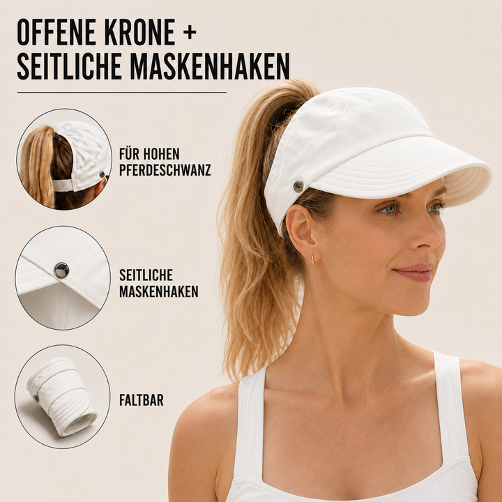 Praktischer Pferdeschwanzhut für Damen mit breitem Rand und UV-Schutz für Garten & Freizeit.