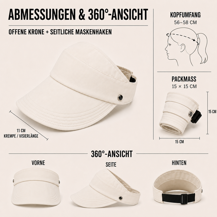 Damen Sommer Sonnenhut mit offener Krone & breitem Rand, luftig & perfekt für lange Haare.