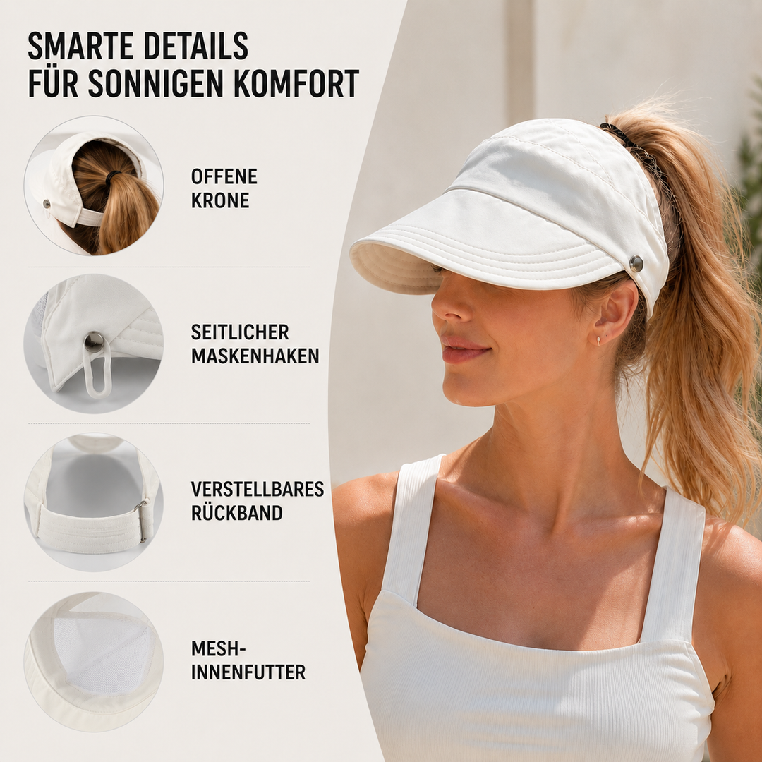Eleganter Damenhut für den Sommer mit offener Krone, schützt vor Sonne am Strand.