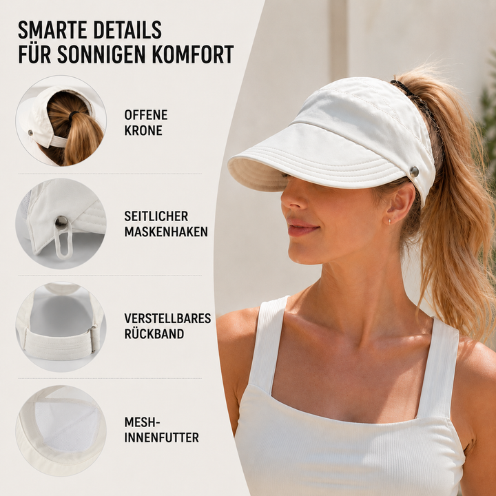 Eleganter Damenhut für den Sommer mit offener Krone, schützt vor Sonne am Strand.