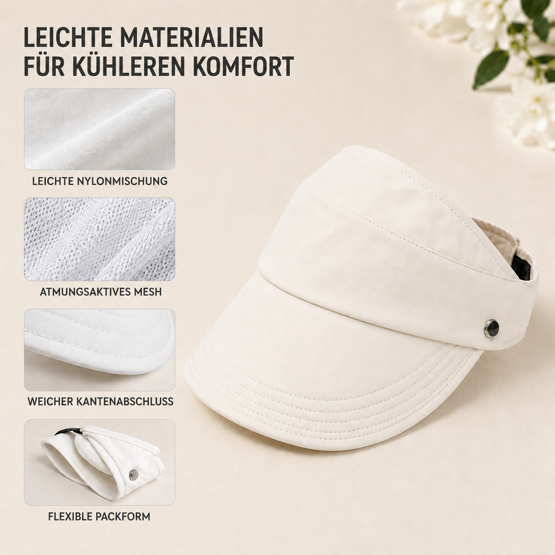 Modischer Breitrandhut für Damen, offene Krone, faltbar, ideal als Reise- & Strandhut.