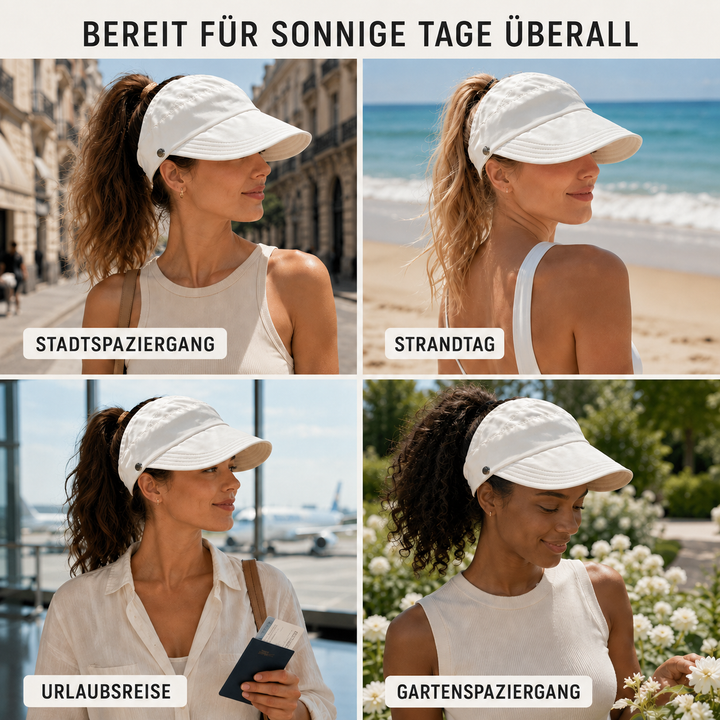 Stylischer Damenhut mit offener Krone, breiter Rand schützt Gesicht, super für Outdoor.