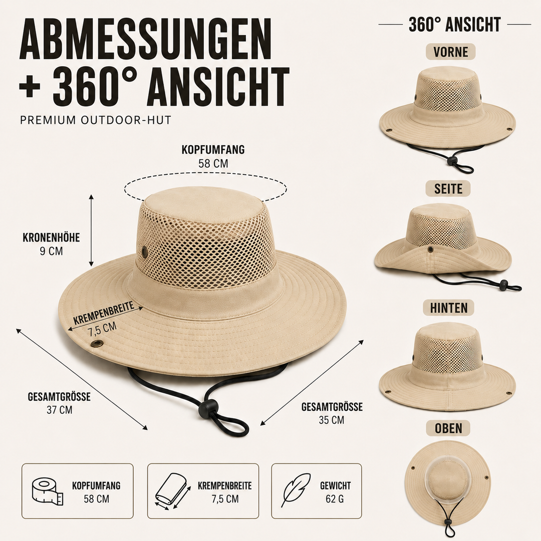 Unisex Strandhut mit UV-Schutz, breiter Rand, belüftet, ideal für den Sommer.