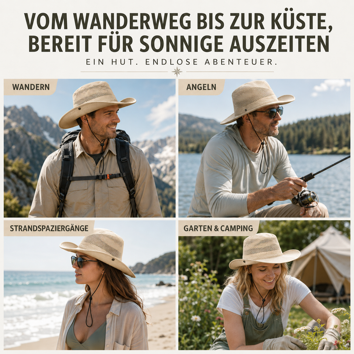 Funktionaler Breitrandhut für Outdoor, mit Netz und Kinnriemen, unisex.