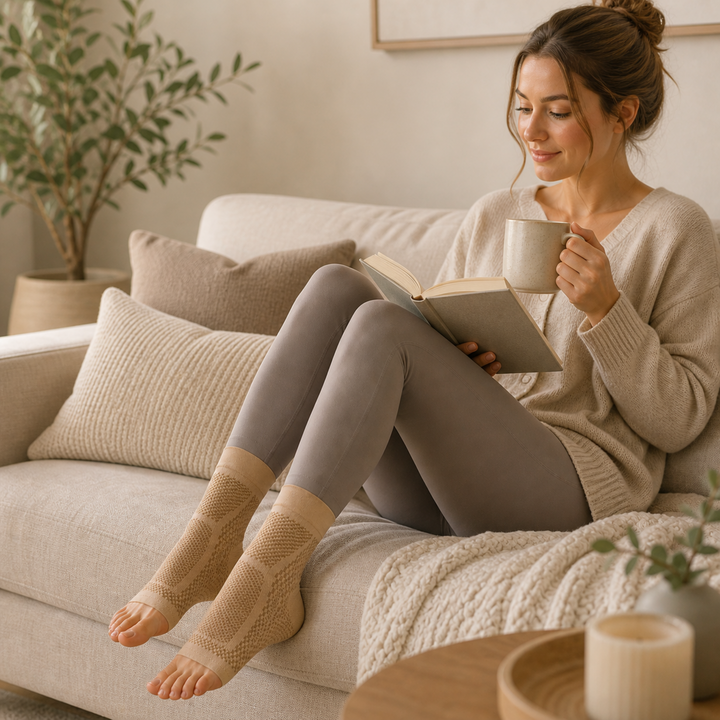 Beige Knöchelbandage zur Regeneration von Sportverletzungen, atmungsaktiv, komfortabel und stützend.