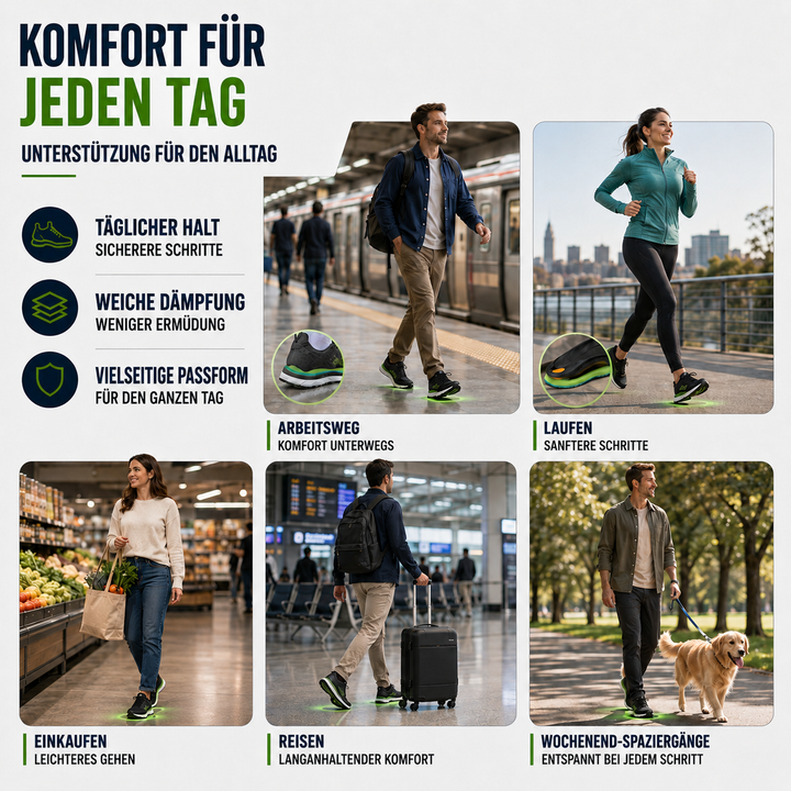 Drei Paar orthopädische Schuheinlagen mit Gewölbestütze, bereit für Komfort & Unterstützung bei Sport.