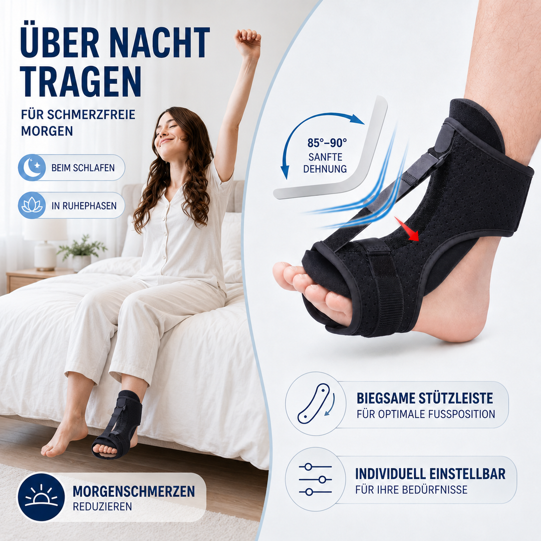 Schwarze, verstellbare Nachtschiene für Plantarfasziitis. Lindert Fersenschmerz, bietet nächtliche Unterstützung der Achillessehne.