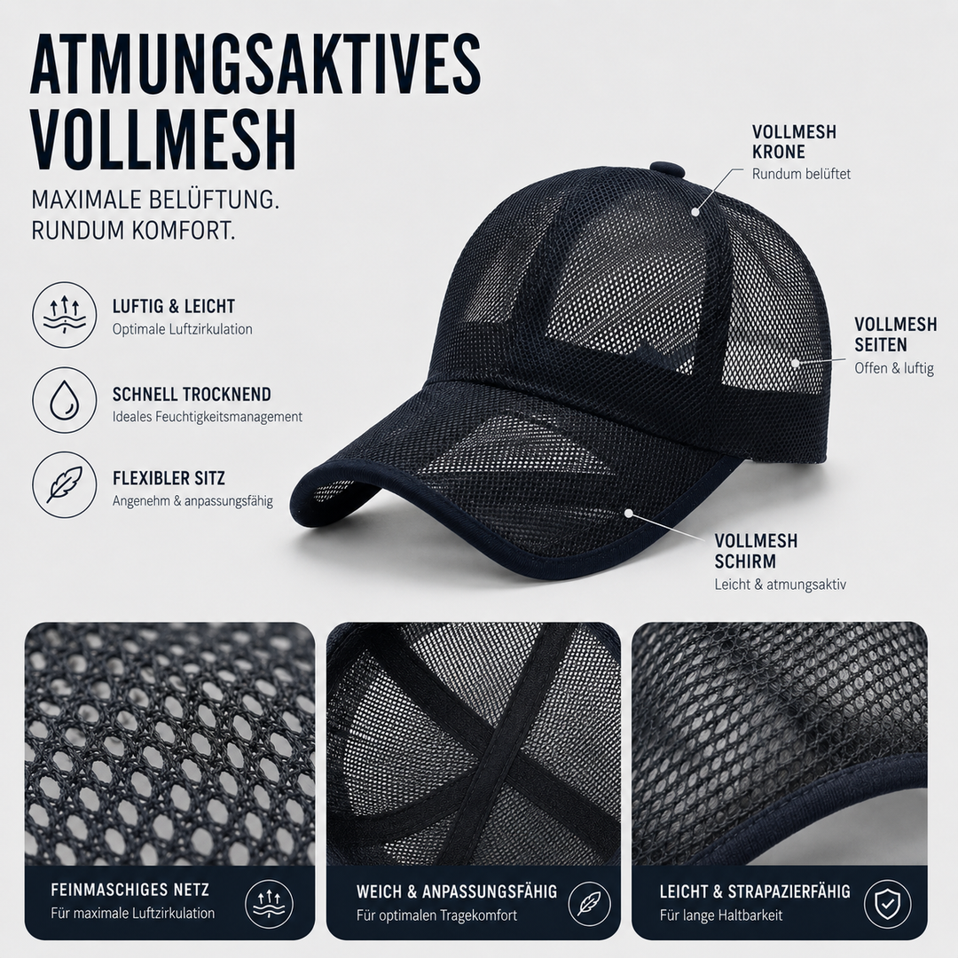 Atmungsaktive Baseballkappe für Damen & Herren, Voll-Mesh Design, perfekt für heiße Tage und Sport.