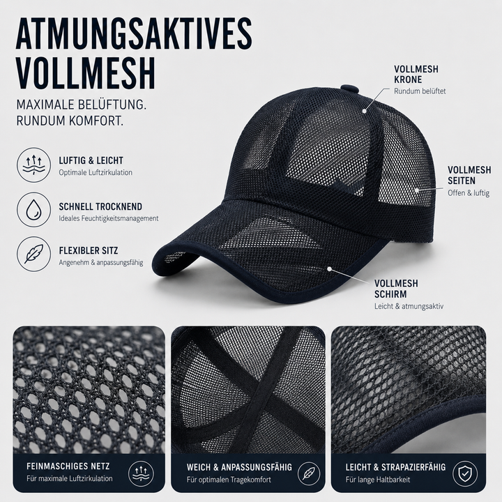 Atmungsaktive Baseballkappe für Damen & Herren, Voll-Mesh Design, perfekt für heiße Tage und Sport.