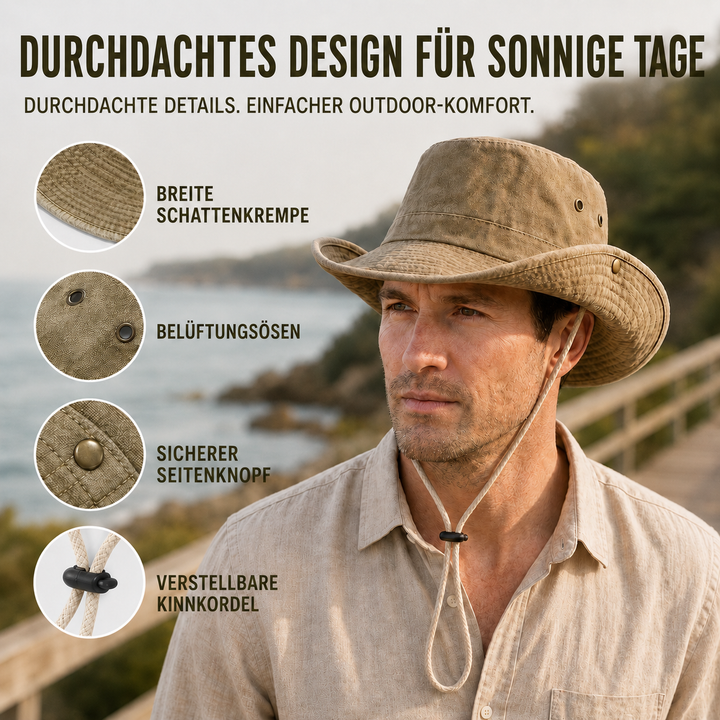 Stilvoller Herren Outdoor-Hut, breitkrempig, perfekt als Sonnenschutz auf Reisen & beim Camping.