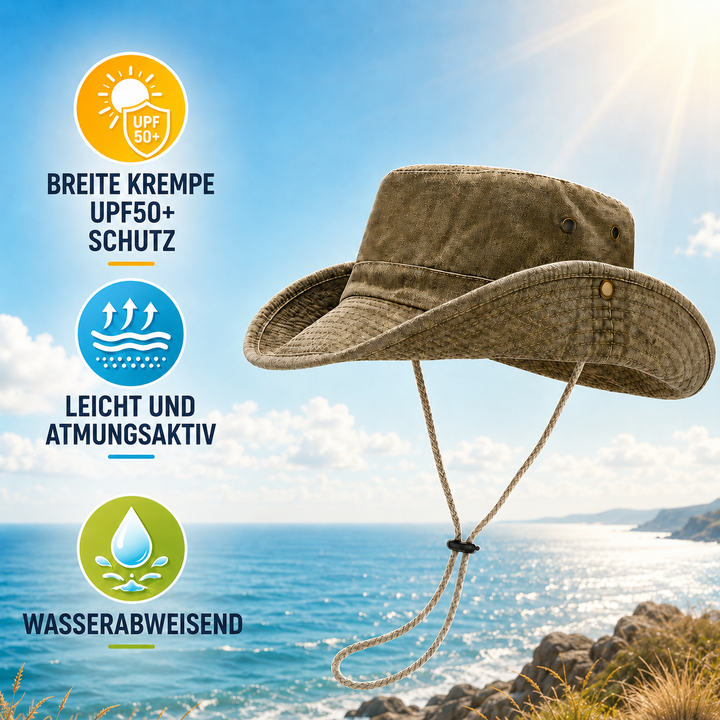 Robuster Herrenhut aus Baumwolle mit breiter Krempe für Outdoor-Abenteuer & UV-Schutz.