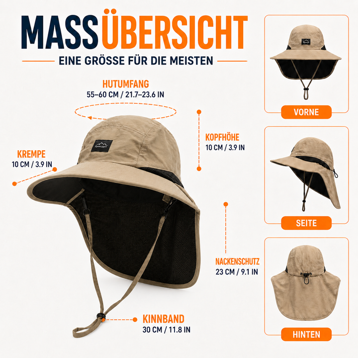 Grüner Sommerhut, Unisex, mit Nackenschutz & breiter Krempe, optimaler Schutz vor Sonne.