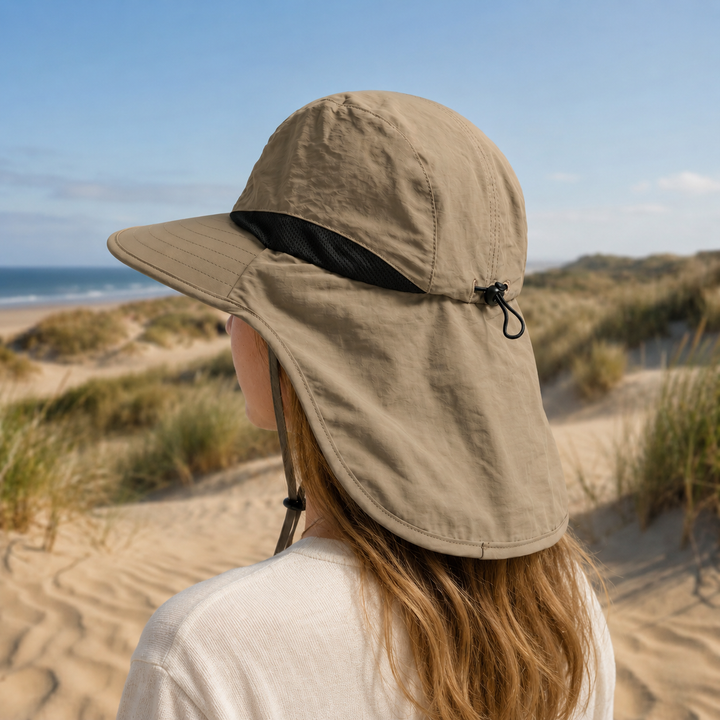 Unisex Sonnenhut mit breiter Krempe und Nackenschutz, UPF 50+, schützt Gesicht und Nacken.