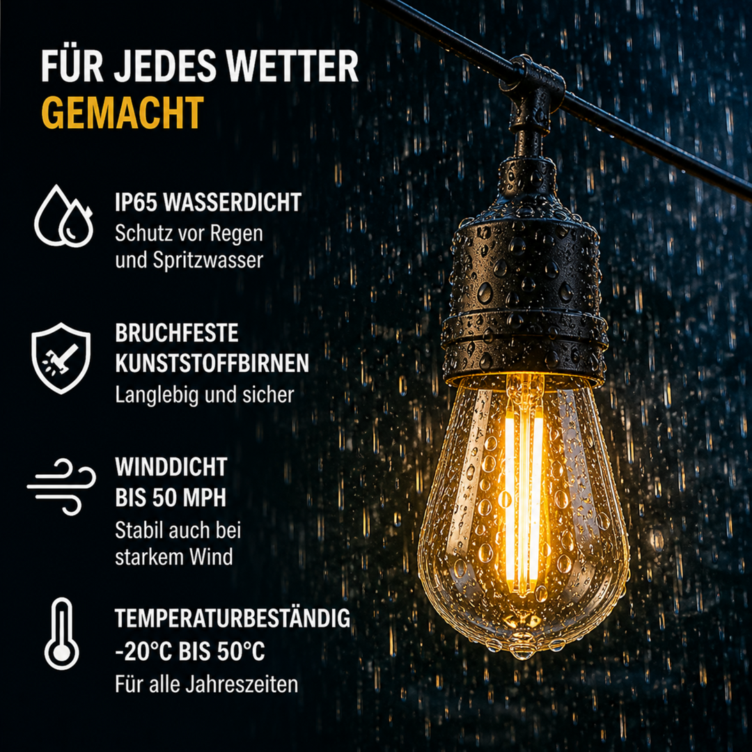 Wasserdichte solarbetriebene Vintage LED Lichterkette, ideal für Camping, Garten & Terrasse Deko.