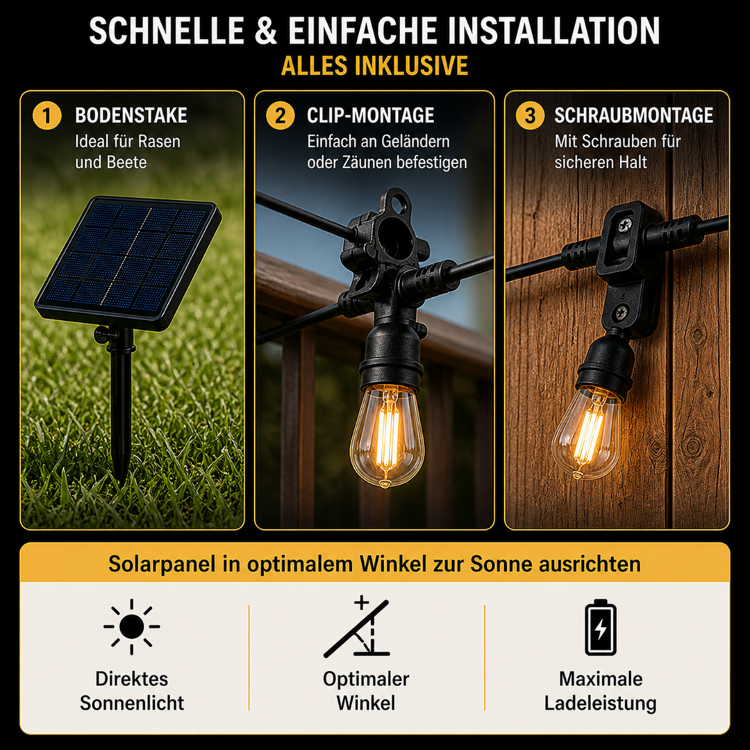 Gemütliche Vintage LED Solar-Lichterkette, perfekt für stimmungsvolles Ambiente auf Terrasse & Balkon.