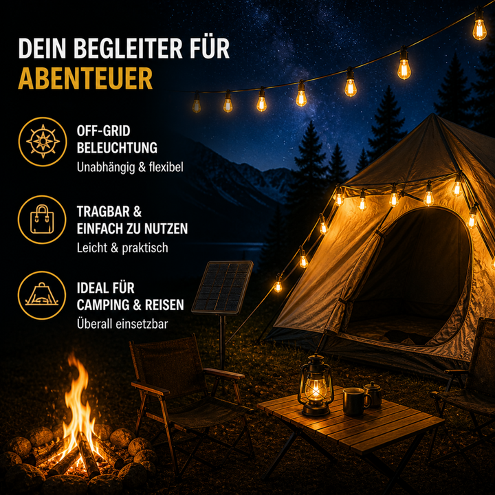 Einfach zu installierende Solar-Lichterkette mit Vintage LED Glühbirnen für jede Outdoor-Fläche.
