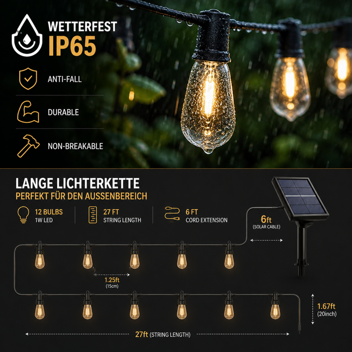 Energiesparende Solar-Lichterkette mit Vintage LEDs, perfekt für stimmungsvolles Outdoor-Ambiente.