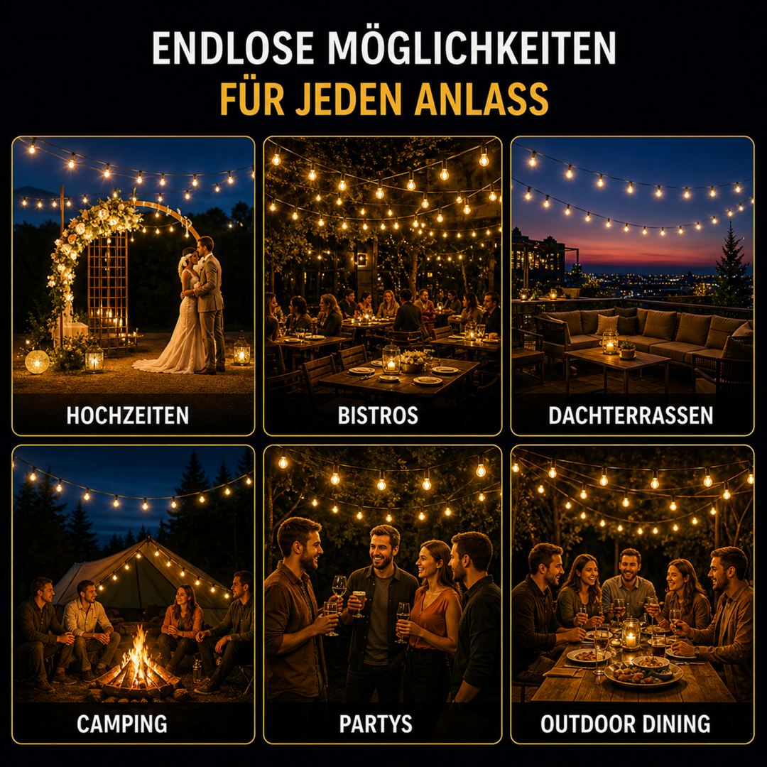Vielseitige Solar-Lichterkette für Outdoor, Camping & Garten mit charmanten Vintage LED Glühbirnen.
