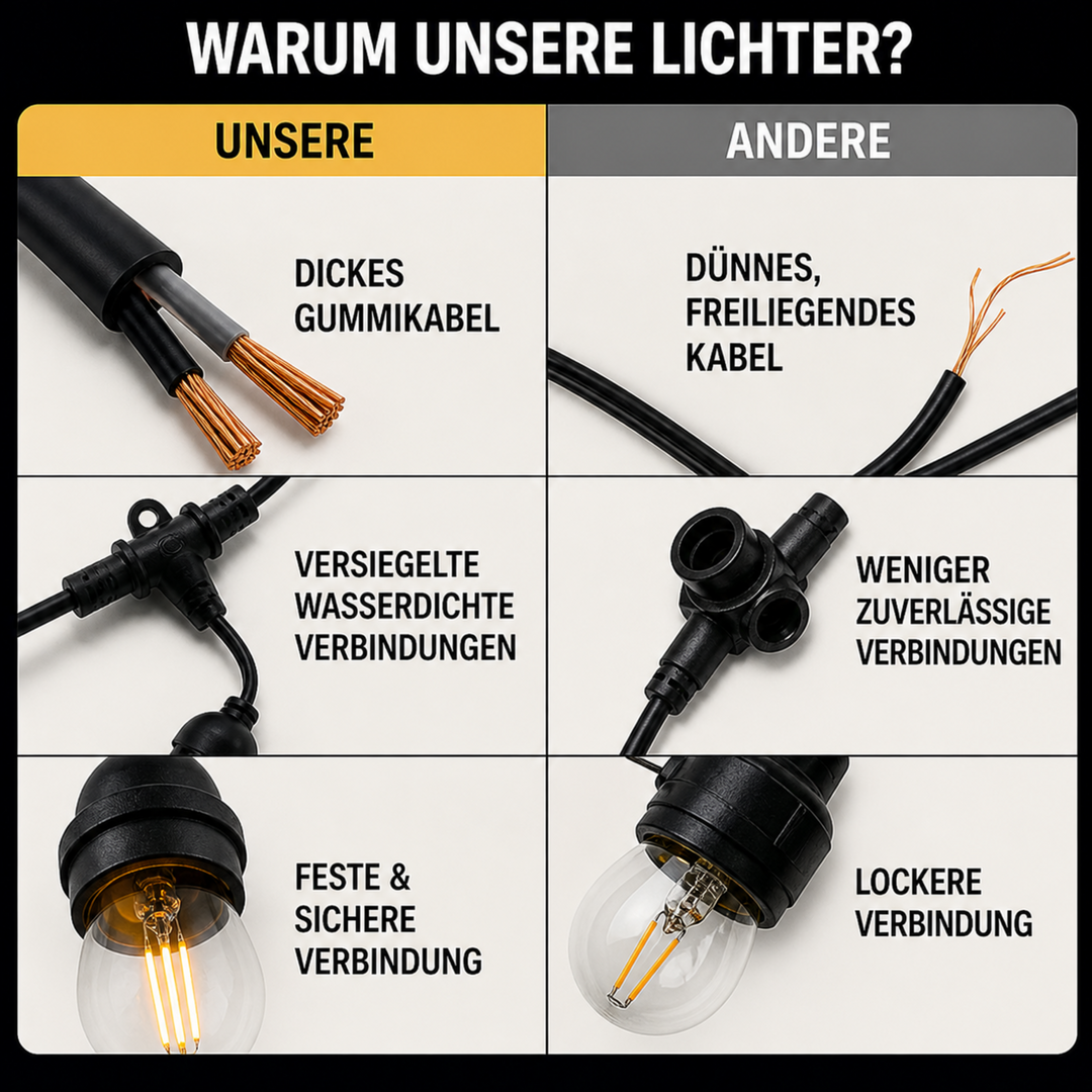 Robuste, wasserdichte Solar-Lichterkette für Outdoor & Camping, schafft warmes Vintage LED Licht.