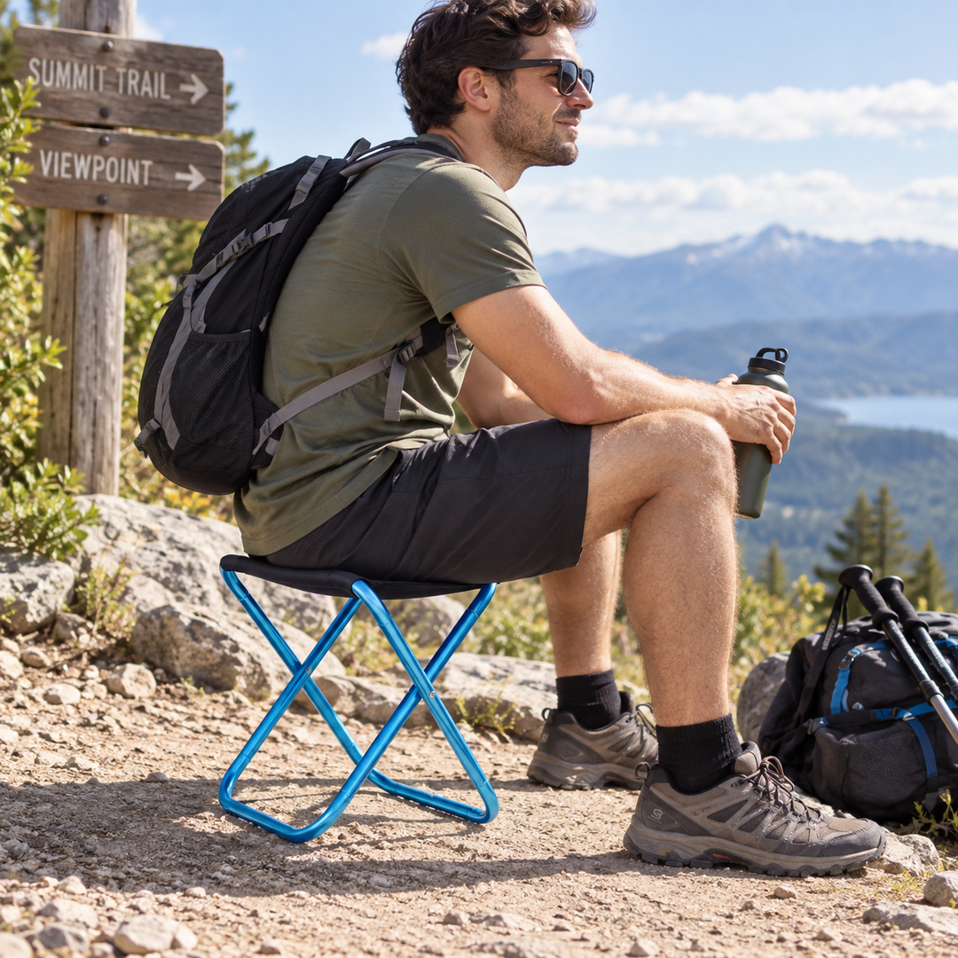Stabiler Klapphocker für Outdoor-Aktivitäten, Aluminiumrahmen, wetterfest & tragbar.