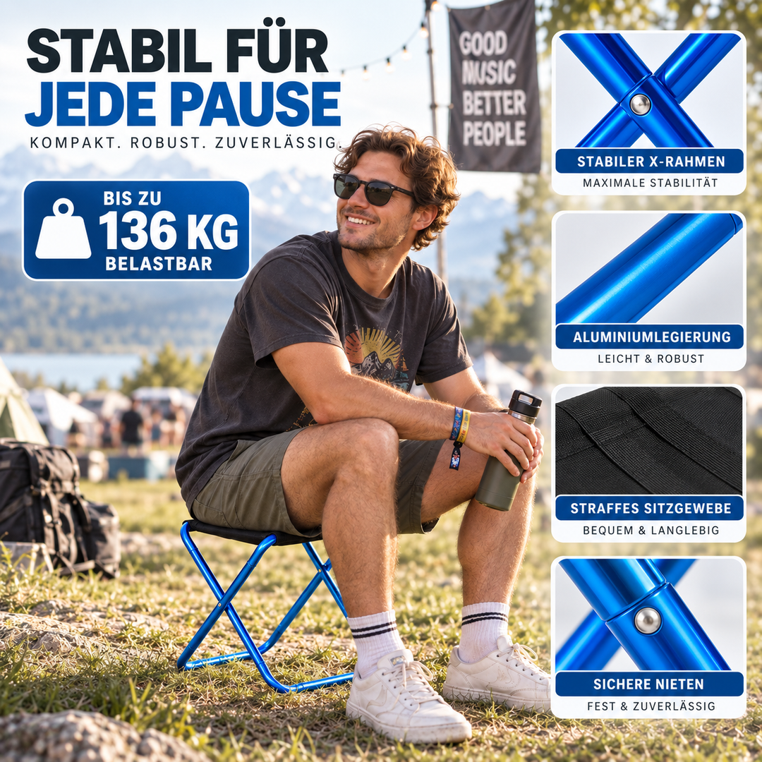 Leichter Picknickhocker, faltbar, strapazierfähig & kompakt für entspannte Stunden im Grünen.