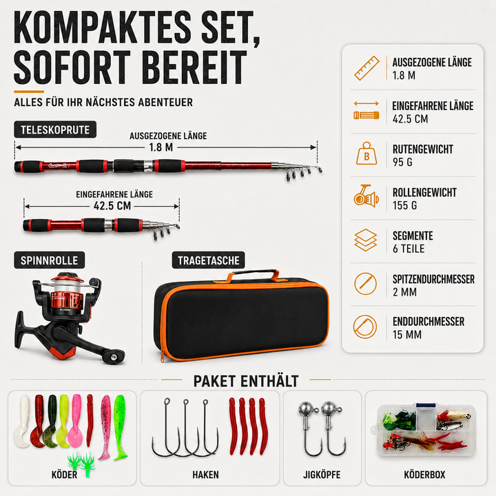 Vielseitiges Angelset: kompakte Teleskopangel für Spinnfischen, perfektes Geschenk für Angler.