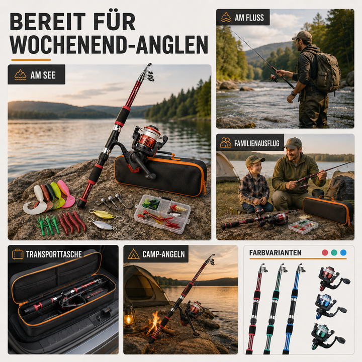 Hochwertiges Kompakt-Angelset: Teleskopangelrute, Spinnrolle und Angelzubehör für jeden Ausflug.