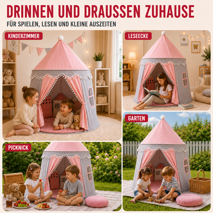 Gemütliches Kinderzelt, faltbar, aus weicher Baumwolle, ideal als Spielparadies und Rückzugsort für Rollenspiele.