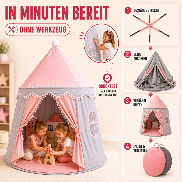 Kinderspielzelt, faltbar, aus hochwertigem Peach-Stoff, schafft einen zauberhaften Rückzugsort im Innenbereich.