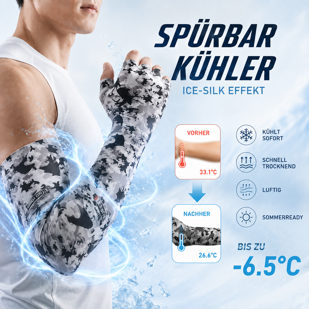 Kühlende Kompressionsärmel mit UV-Filter, Grip und Zwei-Finger-Design für Sport im Freien.