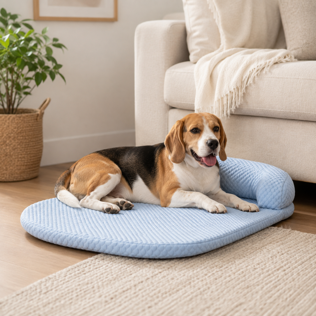 Ergonomisches Katzenbett mit kühlendem Schaumstoff und Nackenrolle. Fördert erholsamen Schlaf.