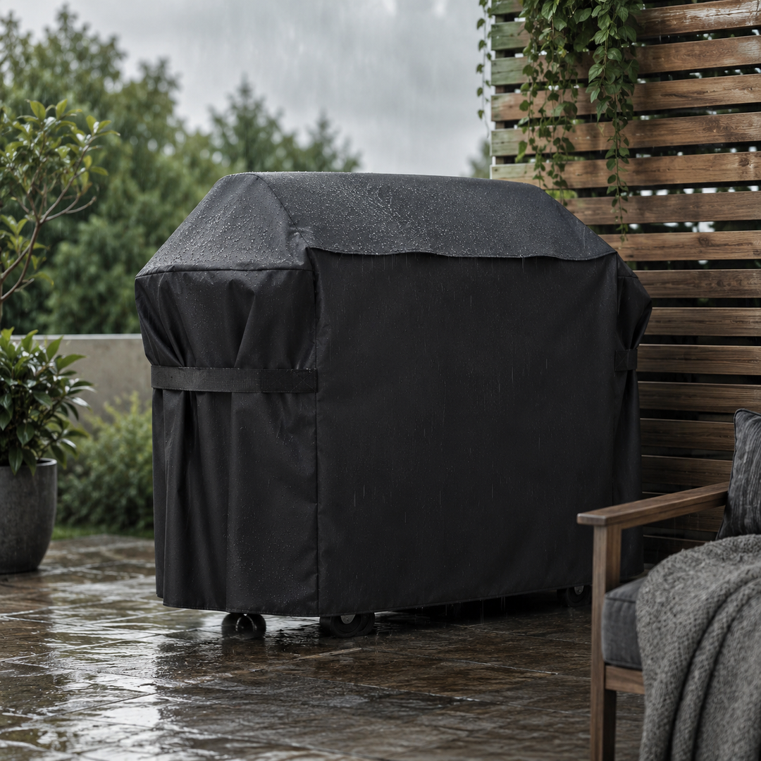 Effektive Gasgrill Abdeckung aus wasserdichtem Oxfordgewebe; schützt robust vor Wind und Wetter im Garten.