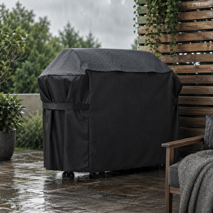 Effektive Gasgrill Abdeckung aus wasserdichtem Oxfordgewebe; schützt robust vor Wind und Wetter im Garten.