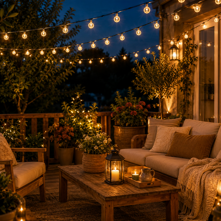 Wasserdichte Solar-LED-Lichterkette 9.5m. Perfekte Außenbeleuchtung für Garten, Terrasse und Balkon.