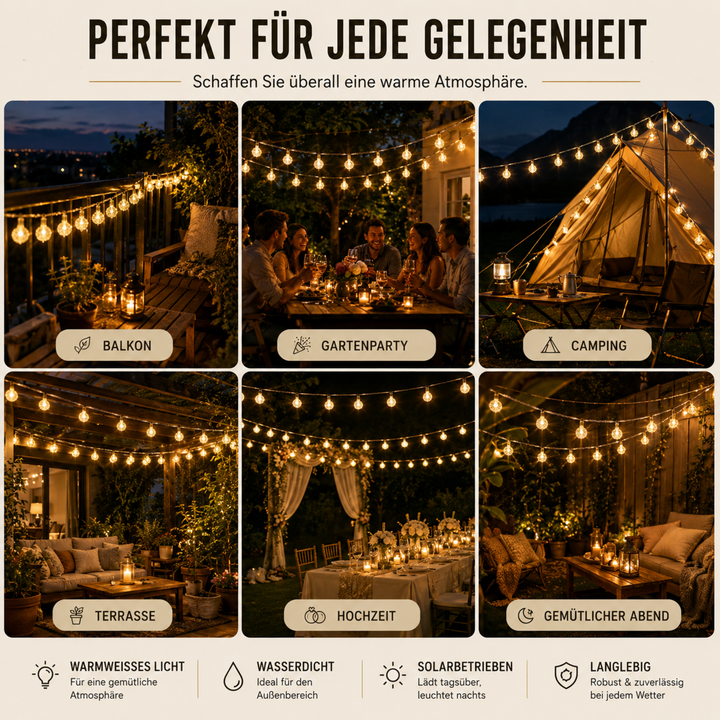 Robuste, wasserdichte Solarlichterkette mit 50 LEDs. Perfekt für langanhaltende Outdoor-Dekobeleuchtung.